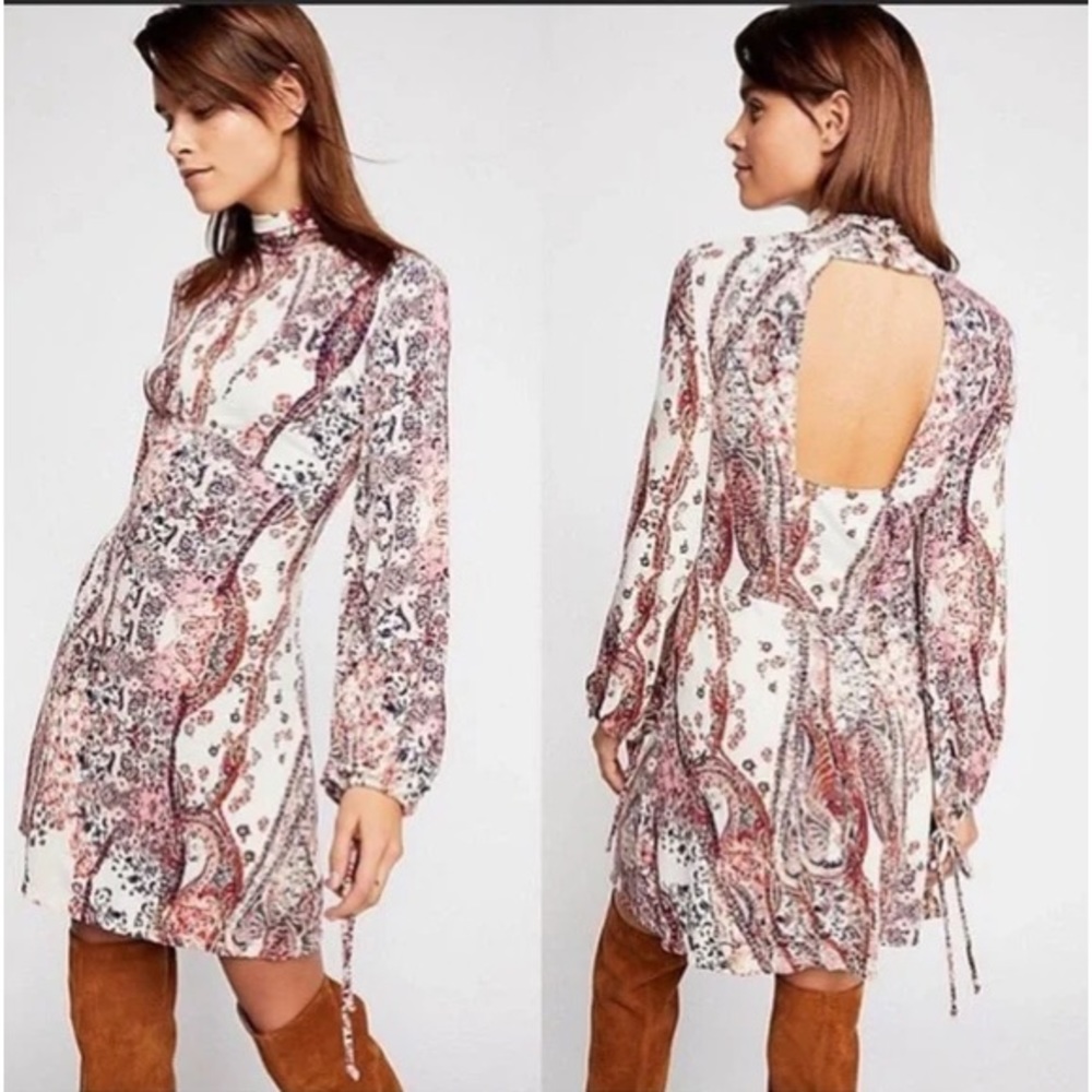 Free People All Dolled Up Ivory Paisley Boho Mini Dress Size Large NWT